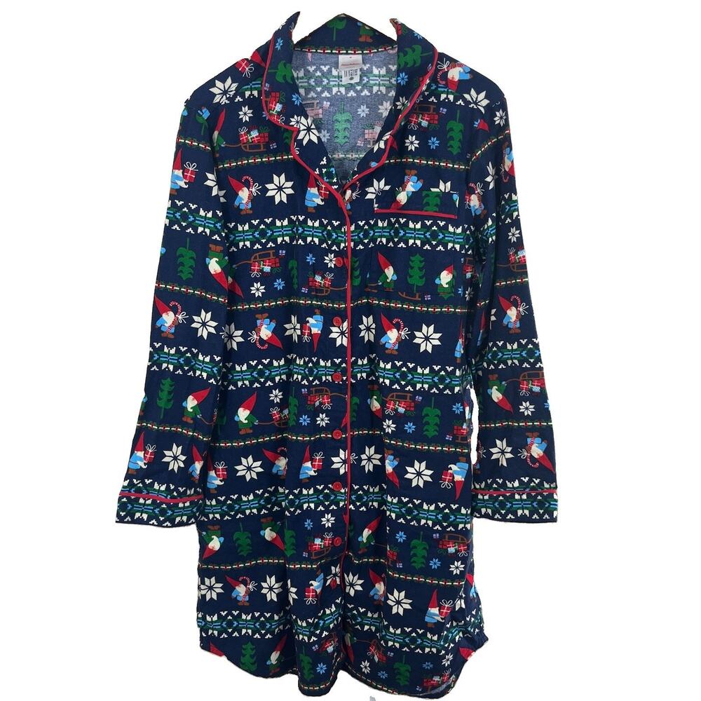 Hanna Andersson Flannel Sleep Dress Womens M Christmas Gnome Print Button Front